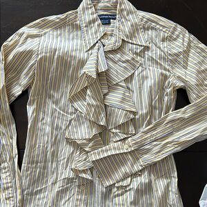 Ralph Lauren Yellow and Navy Striped Ruffle-Front Dress Shirt